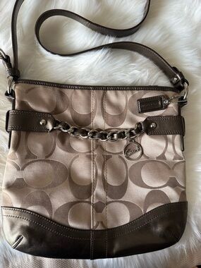 Coach Tan and Brown Signature Shoulder Bag with Chain Accent